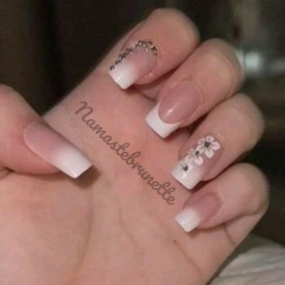2/$16 Floral Rhinestone French Manicure Press On Nails - Picture 9 of 16